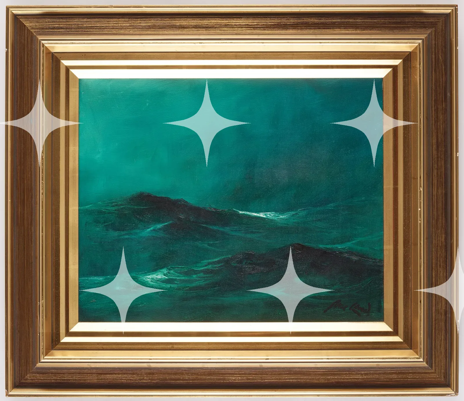 Green Seascape, Gilt-Framed Oil Painting — photo 1