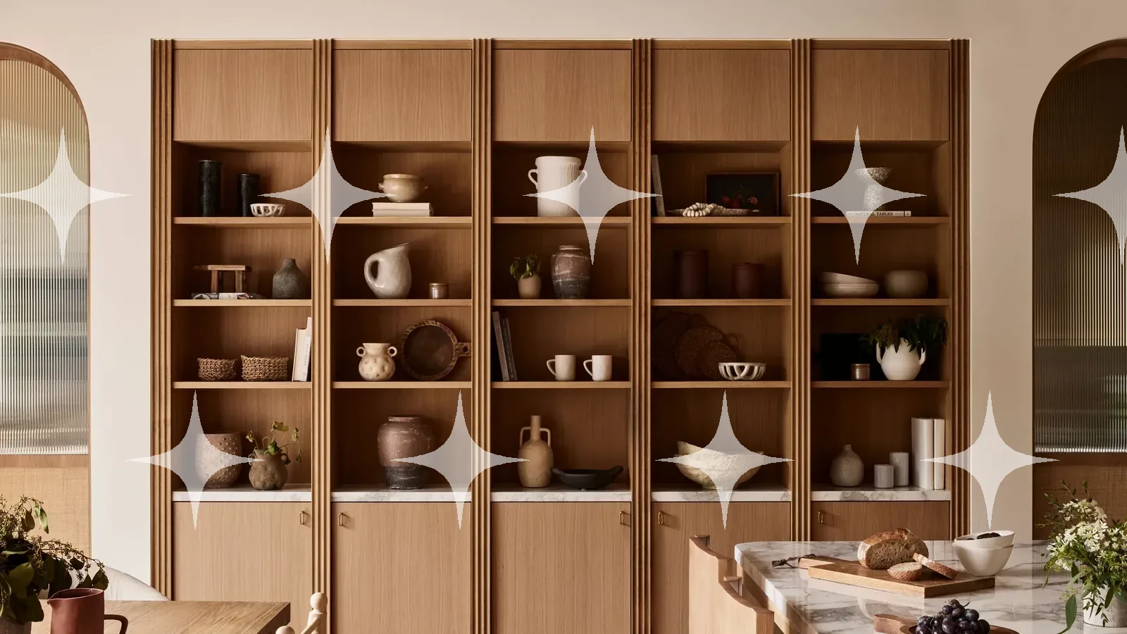 Custom Built-In Reeded Oak Wall Shelving System with Marble Display Shelf — photo 1