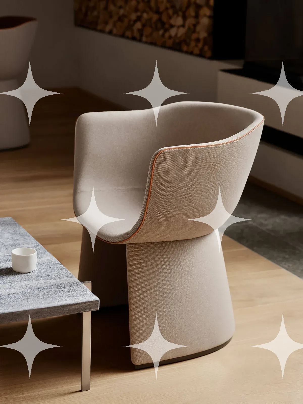 Sculptural Beige Upholstered Accent Chair with Leather Trim — photo 1