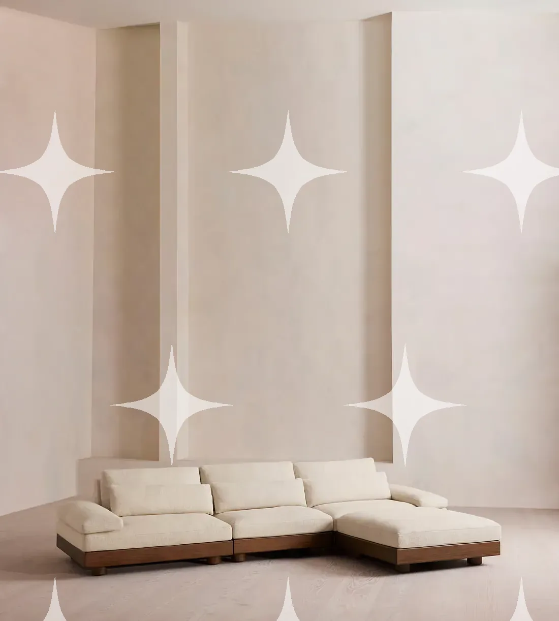Low-Slung Cream Linen Modular Sectional Sofa with Walnut Plinth Base — photo 1
