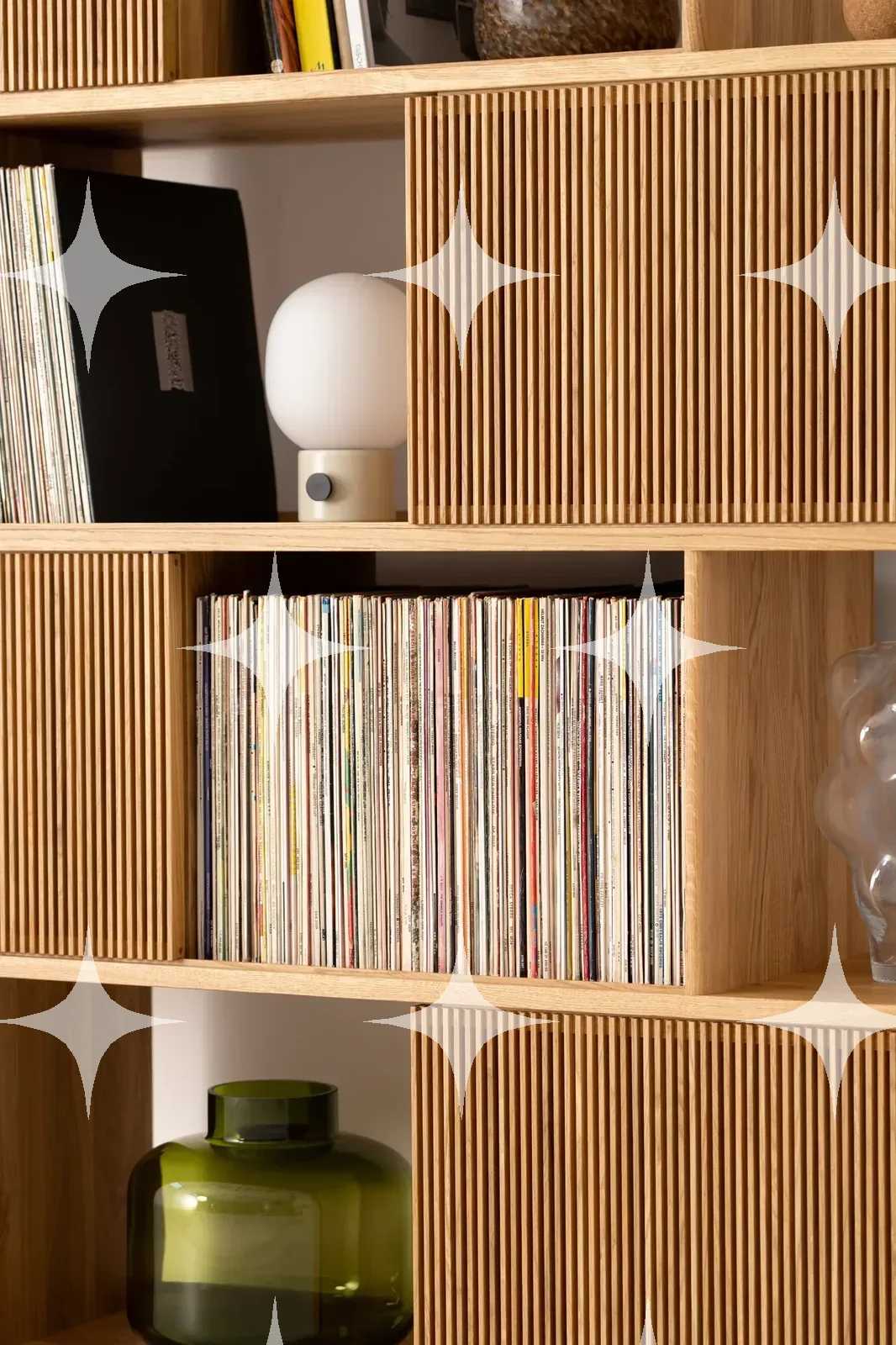 Solid Oak Fluted-Door Record Storage Shelving Unit with Marble Accent Shelf — photo 1