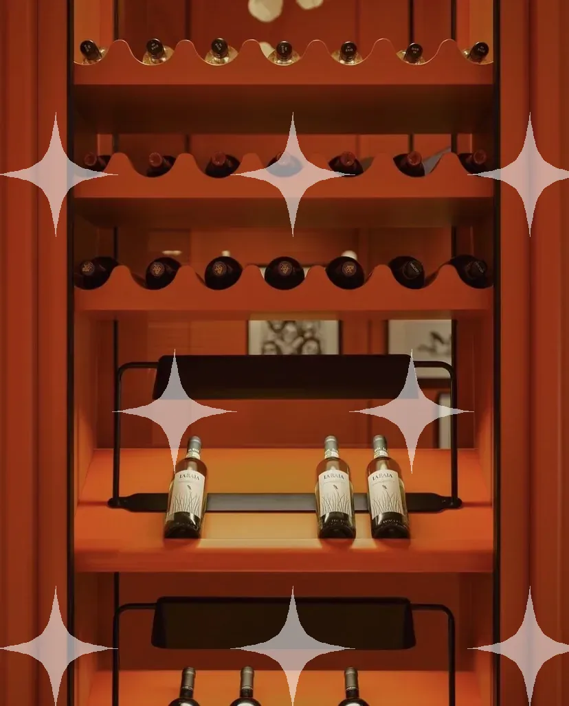 Orange Lacquered Built-In Wine Cabinet with Display Shelving — photo 1